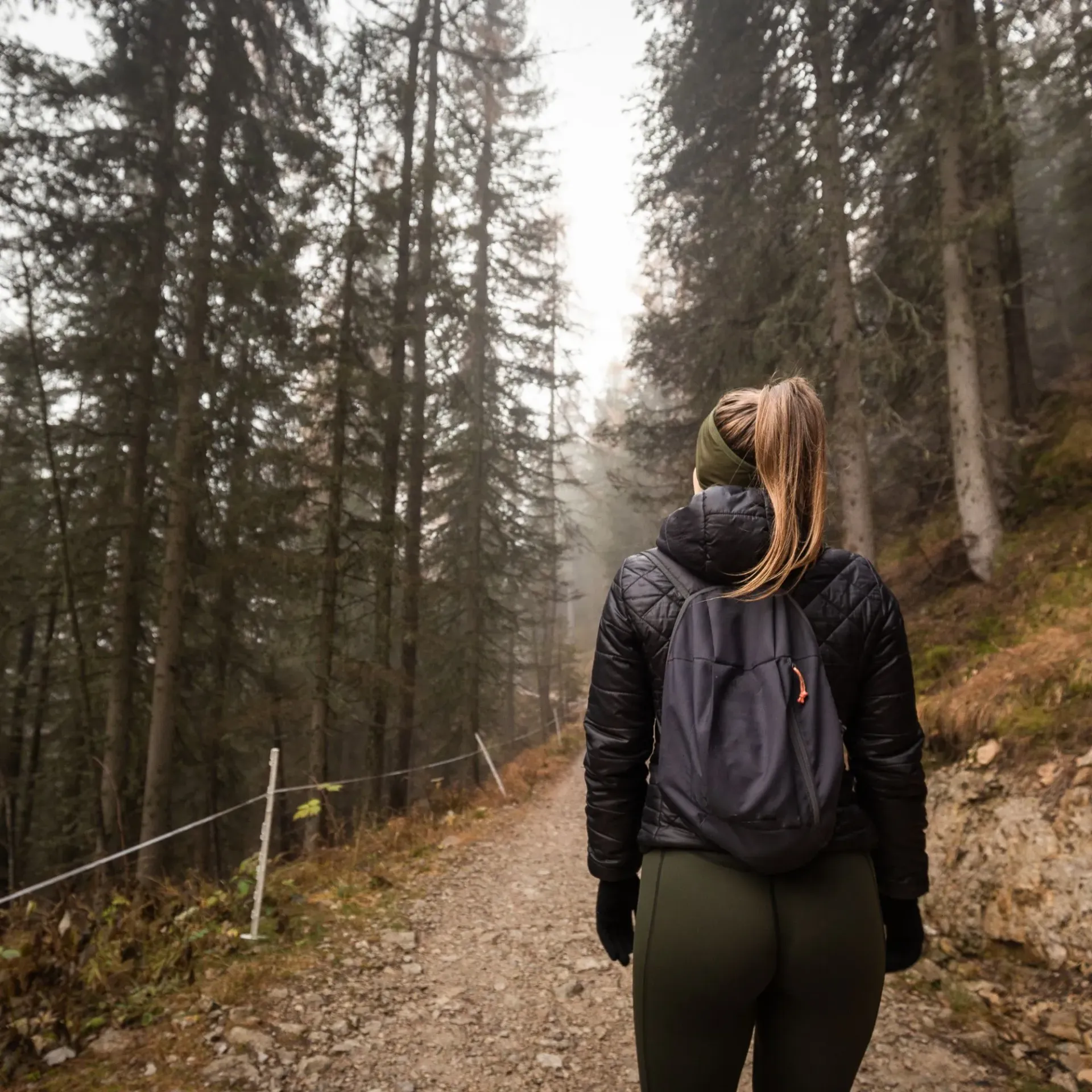 Femme randonnée forêt, automne, brouillard, nature sereine